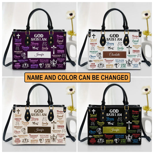 God Says I Am Scripture Christian Leather Bag, Personalized Leather Bag With Handle For Christian Women