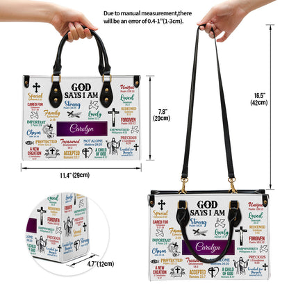 God Says I Am Scripture Christian Leather Bag, Personalized Leather Bag With Handle For Christian Women