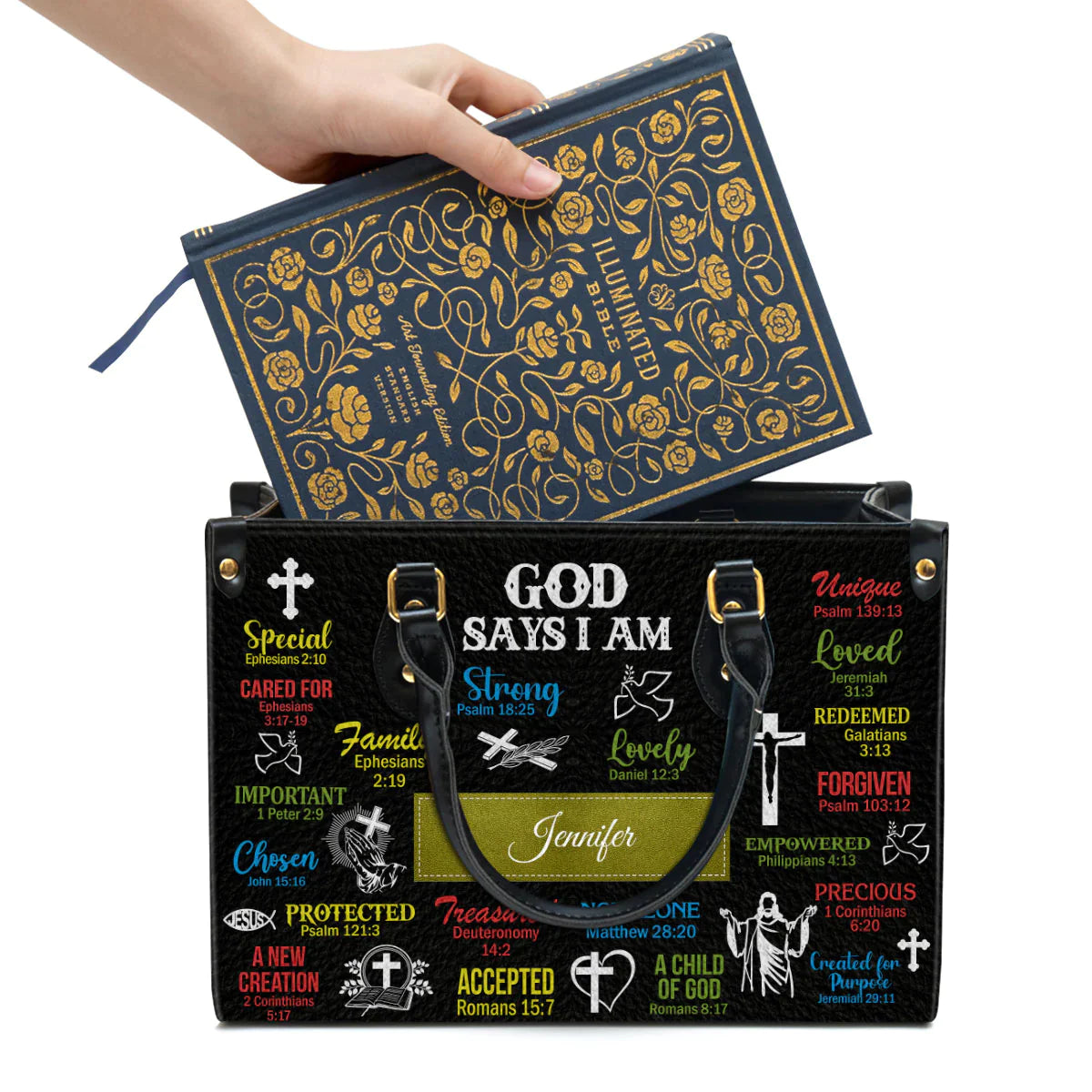 God Says I Am Scripture Christian Leather Bag, Personalized Leather Bag With Handle For Christian Women