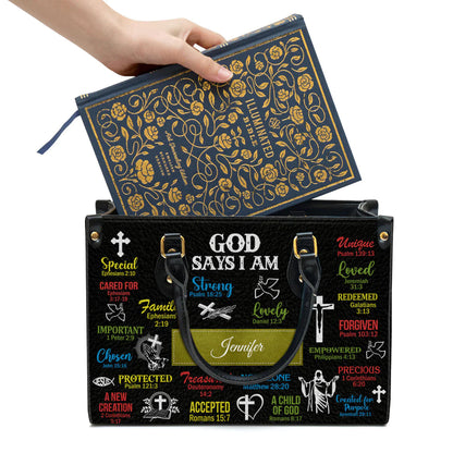 God Says I Am Scripture Christian Leather Bag, Personalized Leather Bag With Handle For Christian Women