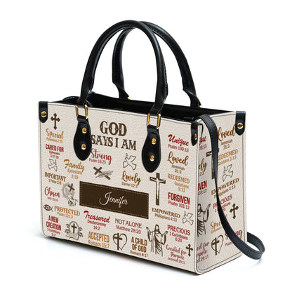 God Says I Am Scripture Christian Leather Bag, Personalized Leather Bag With Handle For Christian Women