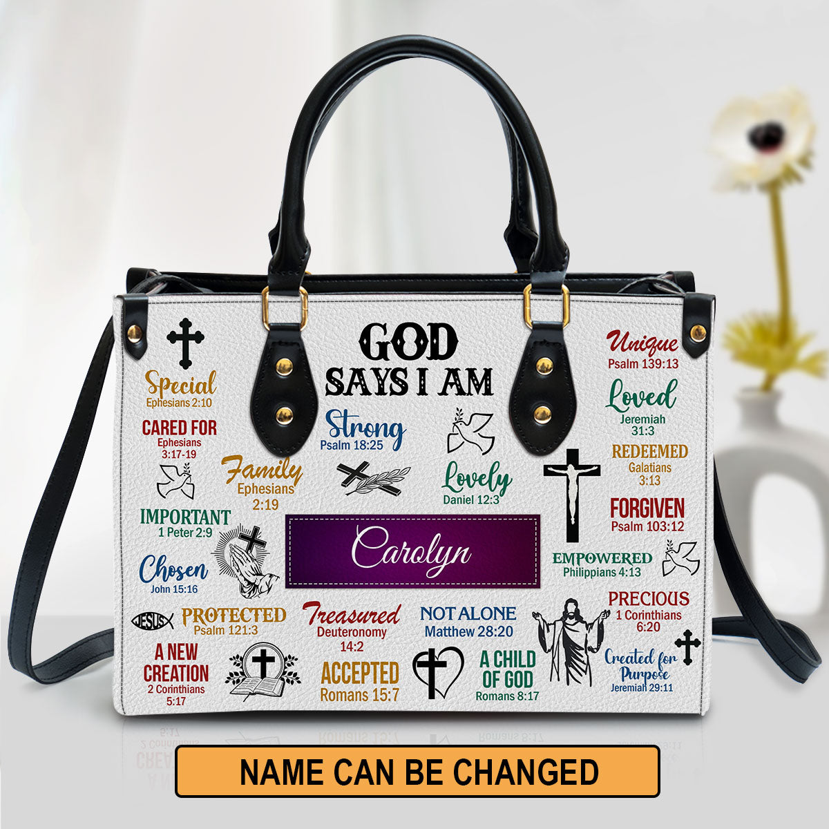 God Says I Am Scripture Christian Leather Bag, Personalized Leather Bag With Handle For Christian Women