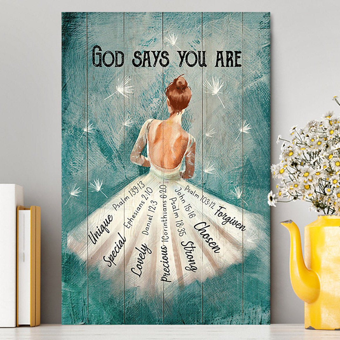 God Says You Are Ballerina White Dandelion Canvas Wall Art - Christian Canvas Prints - Bible Verse Canvas Art