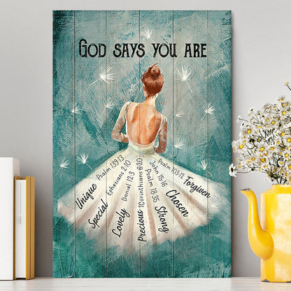 God Says You Are Ballerina White Dandelion Canvas Wall Art - Christian Canvas Prints - Bible Verse Canvas Art