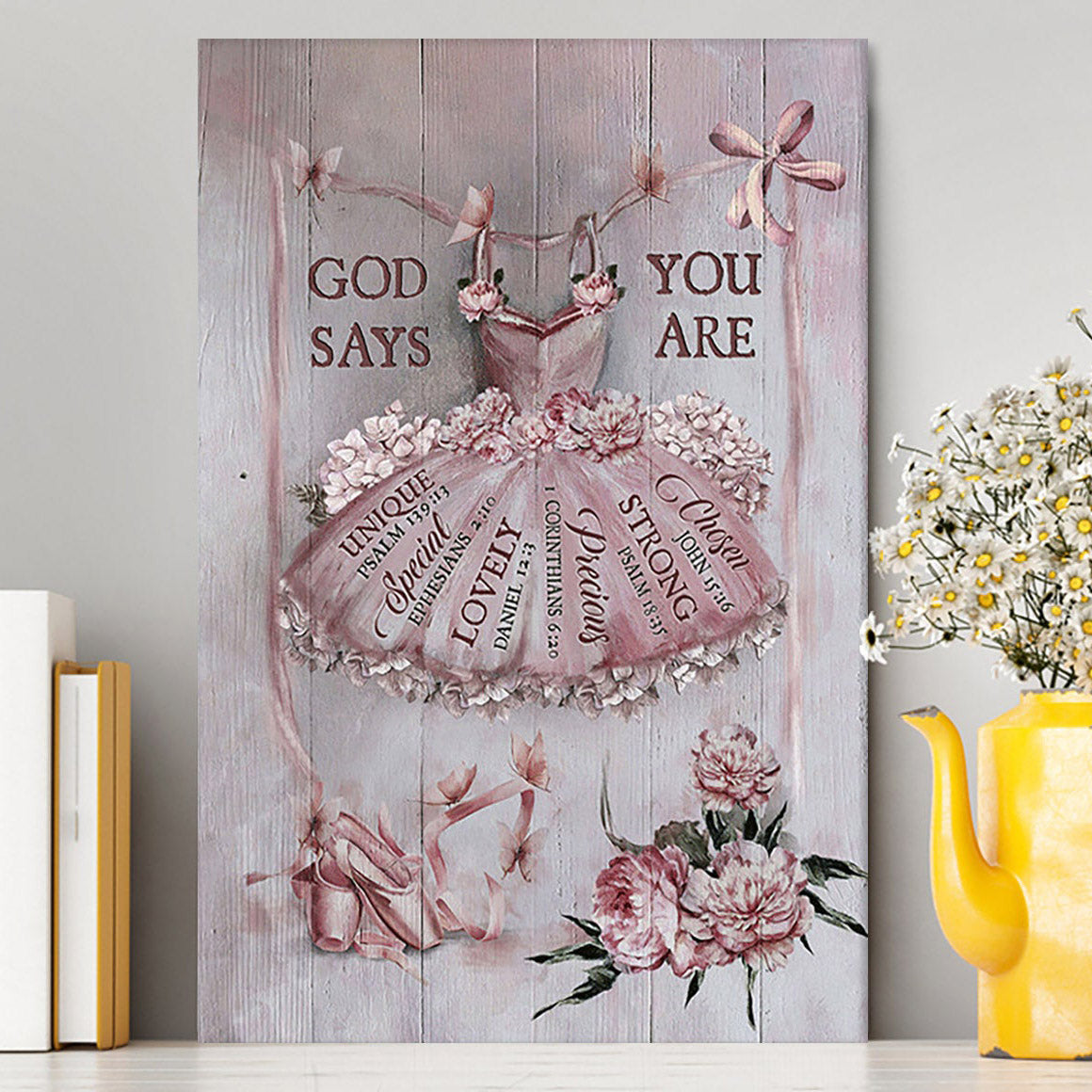 God Says You Are Ballet Pretty Pink Dress Lovely Peony Canvas Wall Art - Christian Canvas Prints - Bible Verse Canvas Art