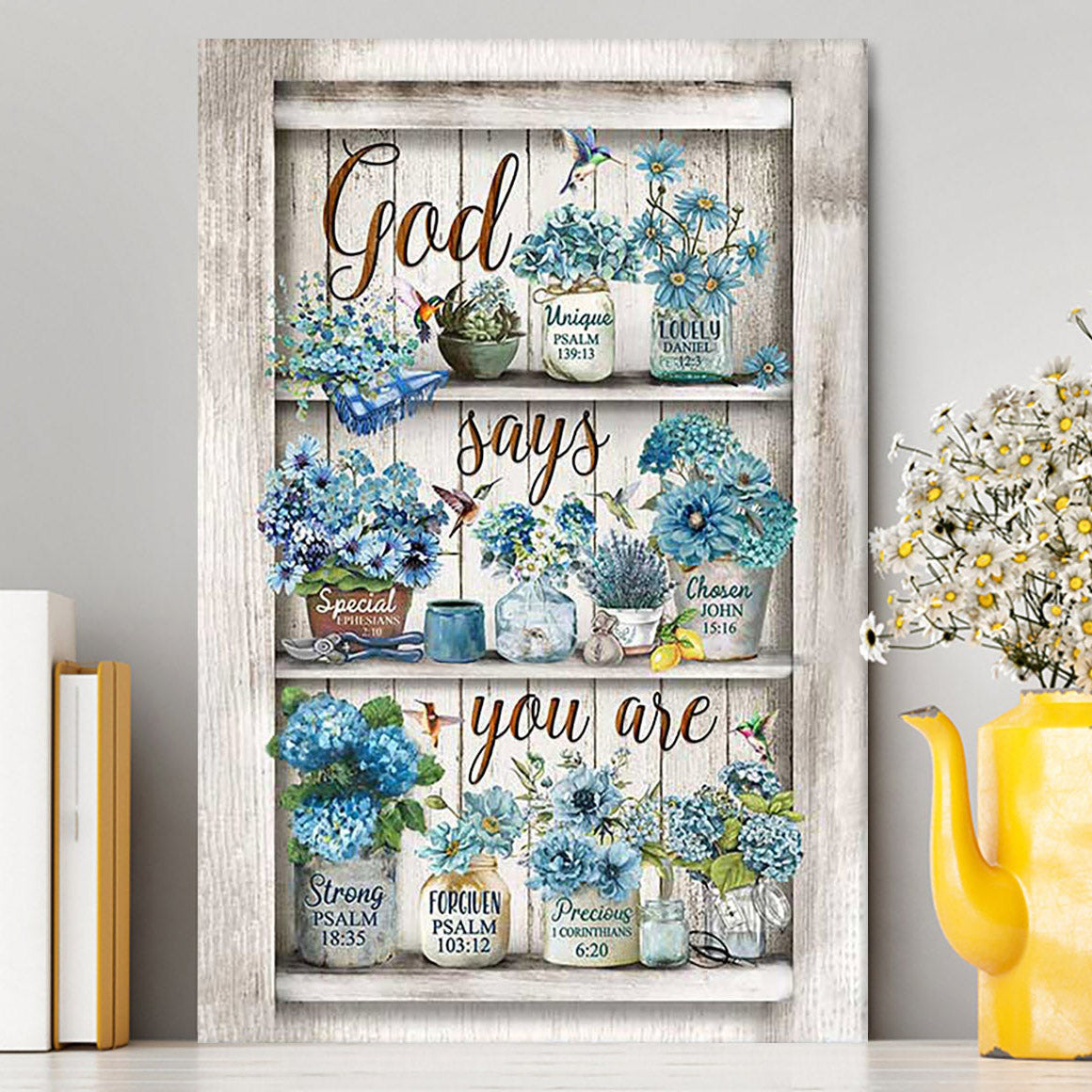 God Says You Are Blue Flower Hummingbird Canvas Wall Art - Bible Verse Canvas Art - Inspirational Art - Christian Home Decor