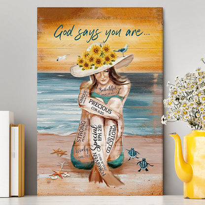 God Says You Are Canvas Beautiful Girl On The Beach Canvas Wall Art - Christian Canvas Prints - Bible Verse Canvas Art