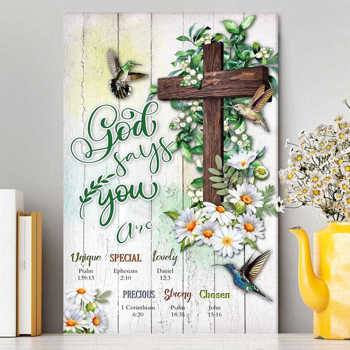 God Says You Are Hummingbird Daisy Canvas Wall Art - Christian Canvas Wall Art Decor