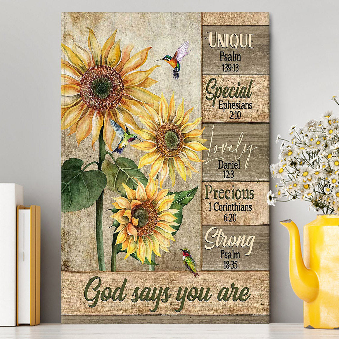 God Says You Are Sunflower Hummingbird Canvas Art - Christian Art - Bible Verse Wall Art - Religious Home Decor