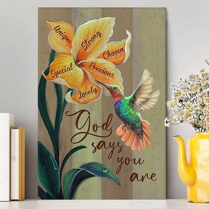 God Says You Are Unique Yellow Lily Hummingbird Canvas Art - Bible Verse Wall Art - Christian Inspirational Wall Decor