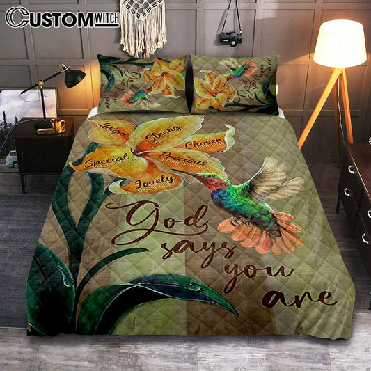 God Says You Are Unique Yellow Lily Hummingbird Quilt Bedding Set Art