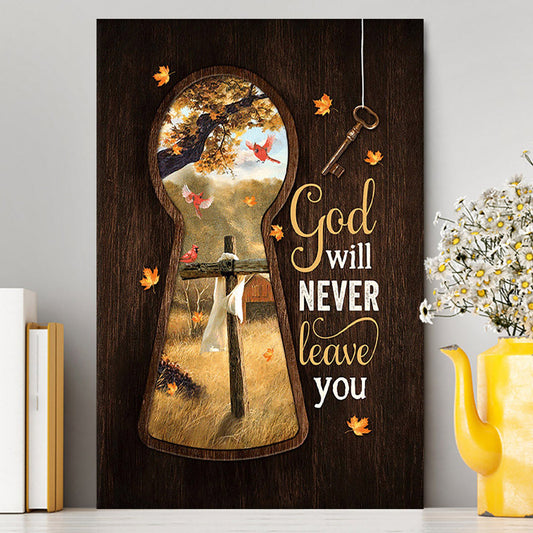 God Will Never Leave You Wooden Cross Red Cardinal Canvas Wall Art - Christian Canvas Prints - Bible Verse Canvas Art