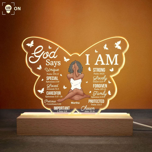 God Says I Am, Personalized Night Light Wooden Base, Birthday Gift For Yoga Lover, Black Woman, Mother's Day Led Light, Mom Gift