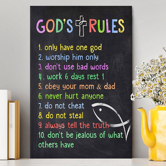 Gods Rules Canvas Prints - Wall Decor For Kids Boys Girls Bedroom Toddler Room Or Nursery