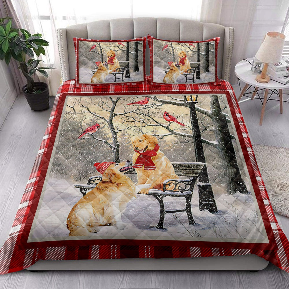 Golden Retriever Quilt Set, Golden Retriever Hellomas Snowflake Winter Park Holiday Quilt Blanket