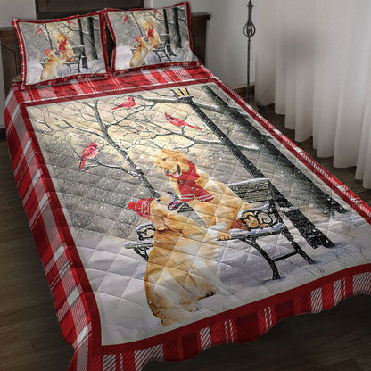 Golden Retriever Quilt Set, Golden Retriever Hellomas Snowflake Winter Park Holiday Quilt Blanket