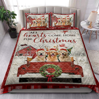 Golden Retriever Quilt Set, Golden Retriever With Truckmas Tree Snowflake Cozy Farmho Use Quilt Blanket