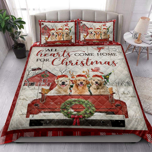 Golden Retriever Quilt Set, Golden Retriever With Truckmas Tree Snowflake Cozy Farmho Use Quilt Blanket