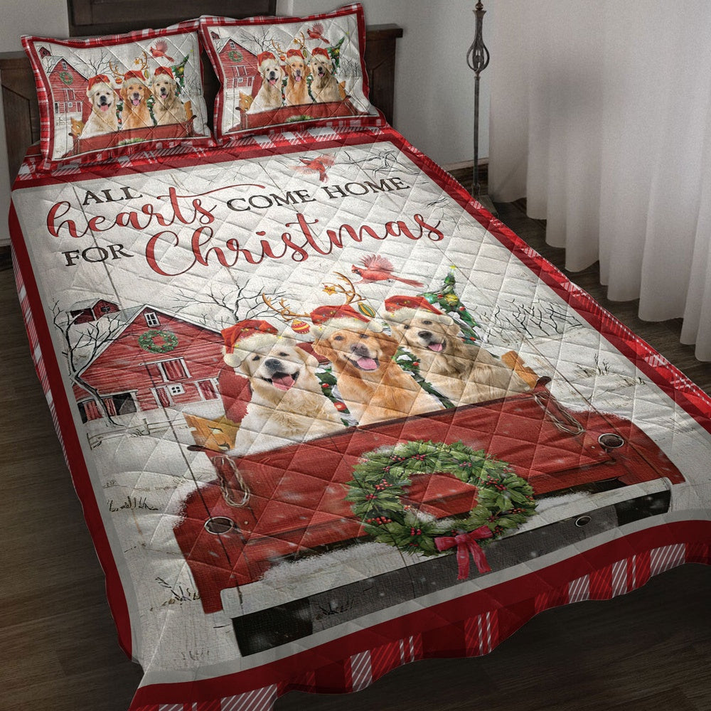 Golden Retriever Quilt Set, Golden Retriever With Truckmas Tree Snowflake Cozy Farmho Use Quilt Blanket