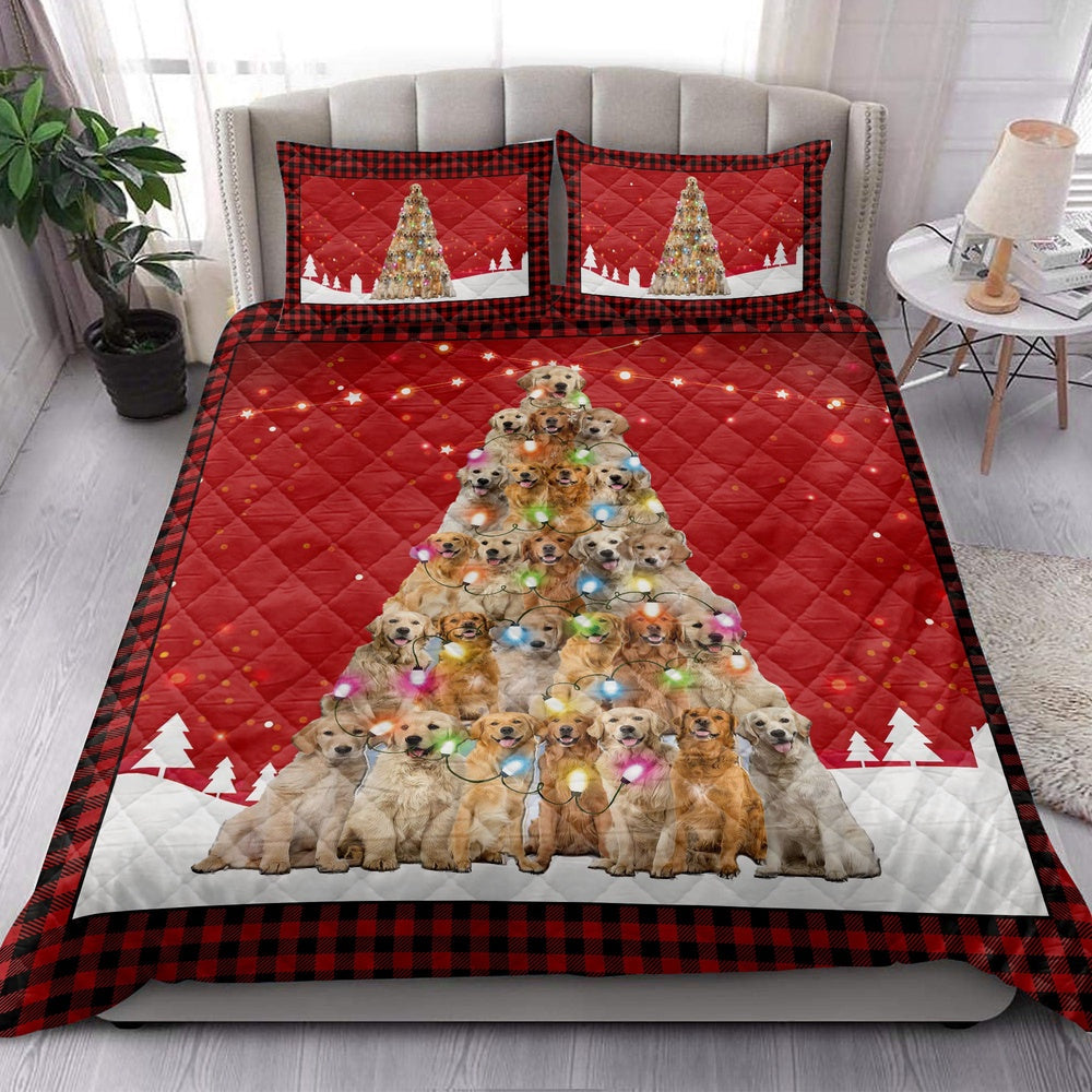 Golden Retriever Quilt Set, Golden Retrievermas Noel Xmas Tree Dog Quilt Blanket