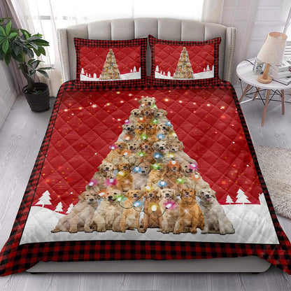 Golden Retriever Quilt Set, Golden Retrievermas Noel Xmas Tree Dog Quilt Blanket