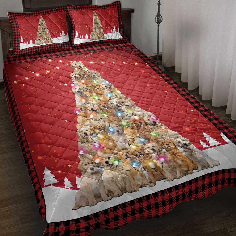 Golden Retriever Quilt Set, Golden Retrievermas Noel Xmas Tree Dog Quilt Blanket