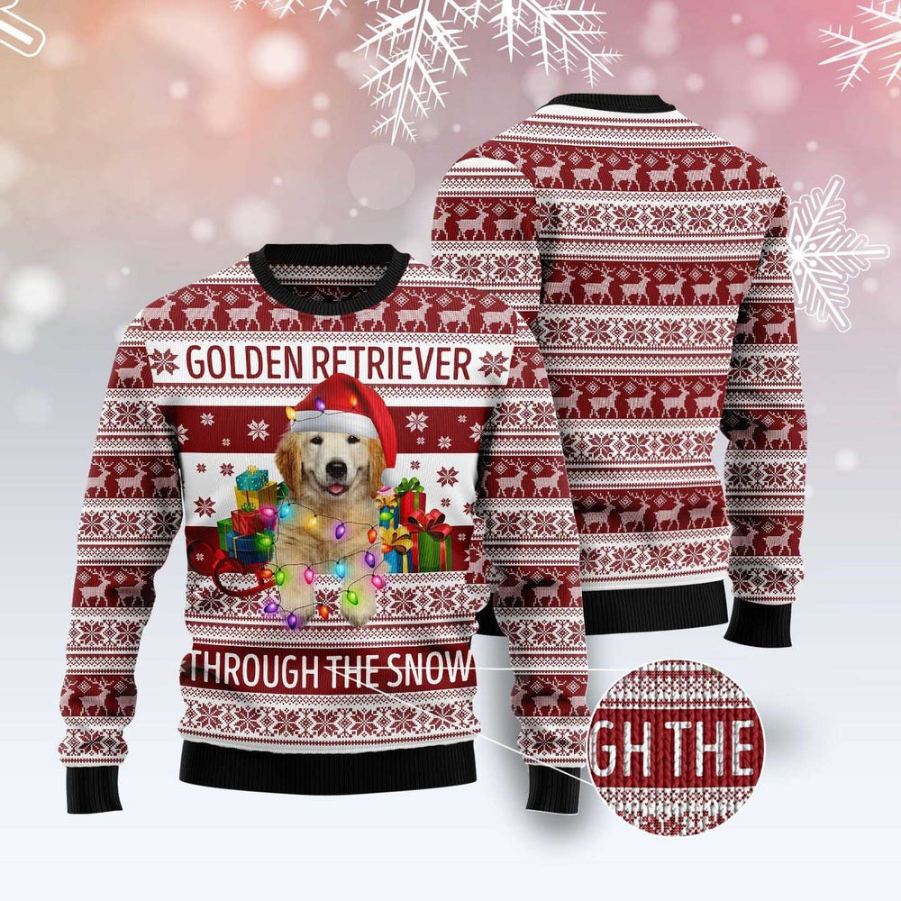 Golden Retriever Through The Snow Ugly Christmas Sweater, Funny Xmas Sweater, Sweater Xmas