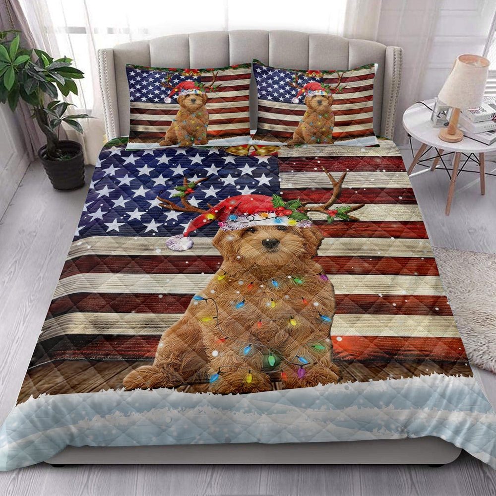 Goldendoodle Quilt Set, Goldendoodle Wearing Amas Hat With String Light Us Flag Quilt Blanket