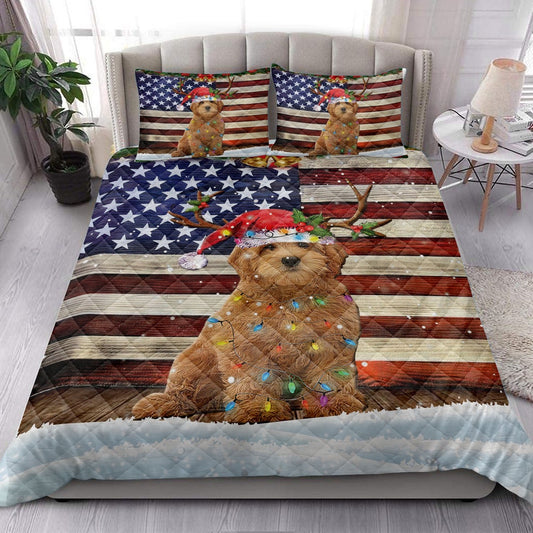 Goldendoodle Quilt Set, Goldendoodle Wearing Amas Hat With String Light Us Flag Quilt Blanket