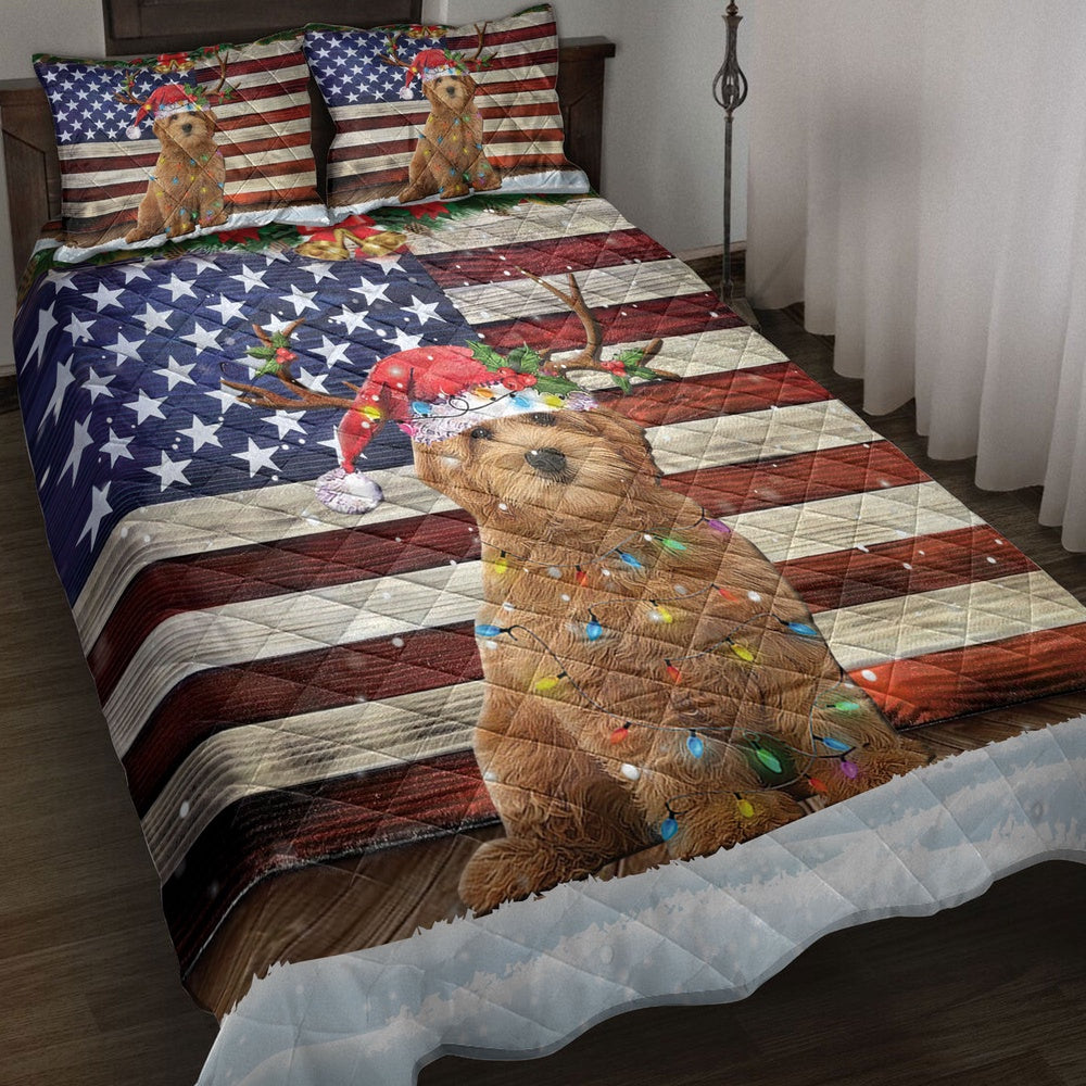 Goldendoodle Quilt Set, Goldendoodle Wearing Amas Hat With String Light Us Flag Quilt Blanket