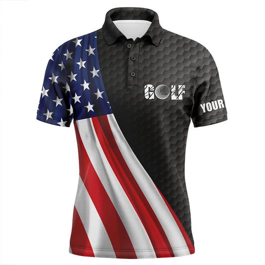 Golf Polo Shirts, American Flag Black Golf Ball Skin Mens Golf Polo Shirts Custom Name Patriotic Golf Tops For Mens, Custom Golf Shirts