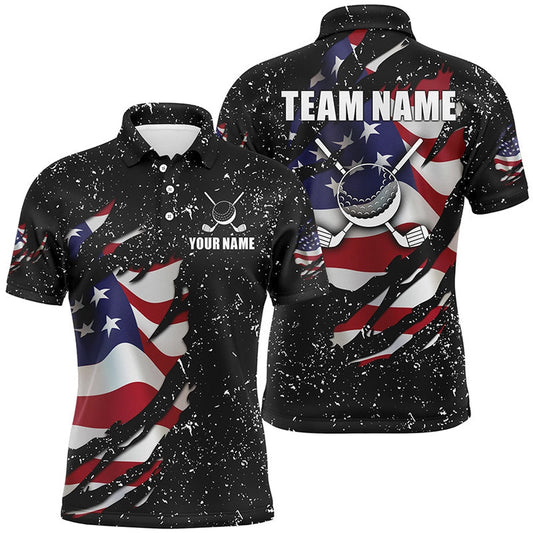 Golf Polo Shirts, American Flag Black Grunge Pattern Golf Clubs Mens Golf Polo Shirts Custom Best Mens Golf Tops, Custom Golf Shirts