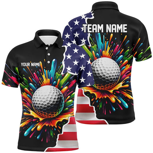 Golf Polo Shirts, American Flag Black Mens Golf Polo Shirts Custom Colorful Paint Golf Shirts, Patriot Golf Tops For Men, Custom Golf Shirts