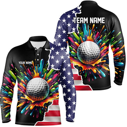 Golf Polo Shirts, American Flag Black Mens Golf Polo Shirts Custom Colorful Paint Golf Shirts, Patriot Golf Tops For Men, Custom Golf Shirts