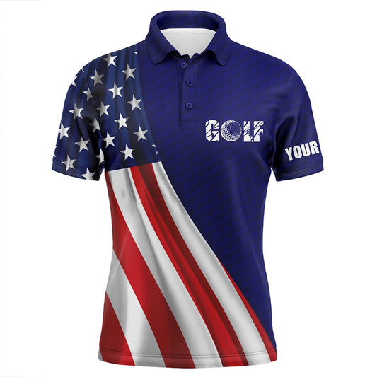 Golf Polo Shirts, American Flag Blue Navy Golf Ball Skin Mens Golf Polo Shirts Custom Name Patriotic Golf Tops For Mens, Custom Golf Shirts