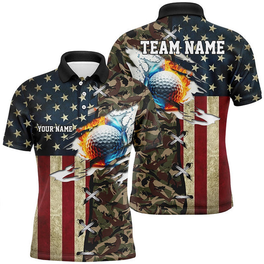 Golf Polo Shirts, American Flag Camo Mens Golf Polo Shirts Custom Fire Water Golf Ball Team Golf Shirts, Custom Golf Shirts