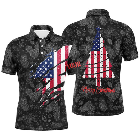 Golf Polo Shirts, American Flag Christmas Mens Golf Polo Shirt Custom Retro Patriotic Golf Shirts For Men Golf Gifts, Custom Golf Shirts