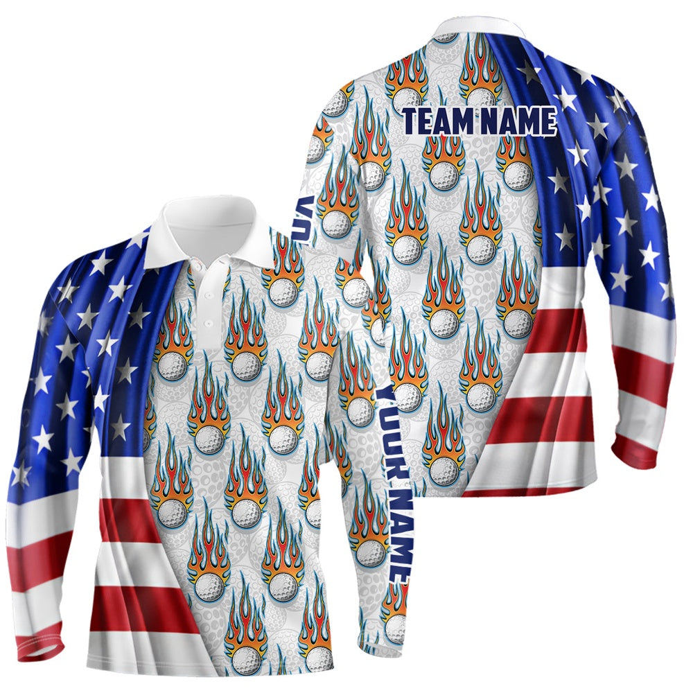Golf Polo Shirts, American Flag Fire Flame Mens Golf Polo Shirt Custom Patriotic Golf Tops For Men Golf Gifts, Custom Golf Shirts