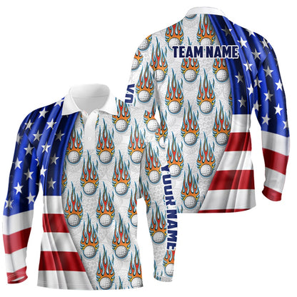 Golf Polo Shirts, American Flag Fire Flame Mens Golf Polo Shirt Custom Patriotic Golf Tops For Men Golf Gifts, Custom Golf Shirts