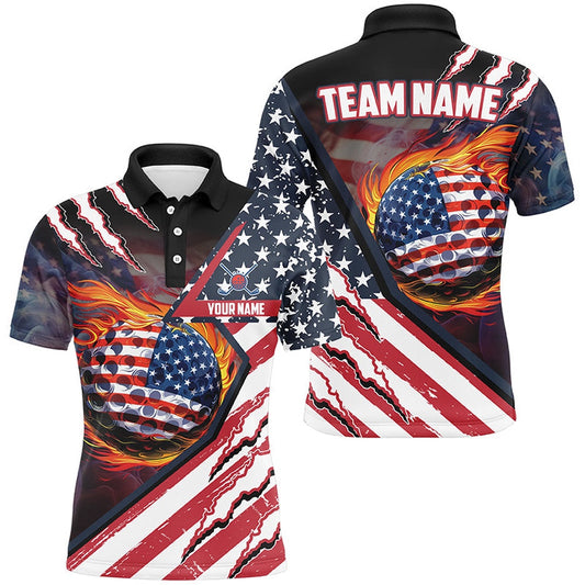 Golf Polo Shirts, American Flag Flame Golf Ball Mens Golf Polo Shirts Custom Golf Outfits For Men, Patriotic Golf Gifts, Custom Golf Shirts