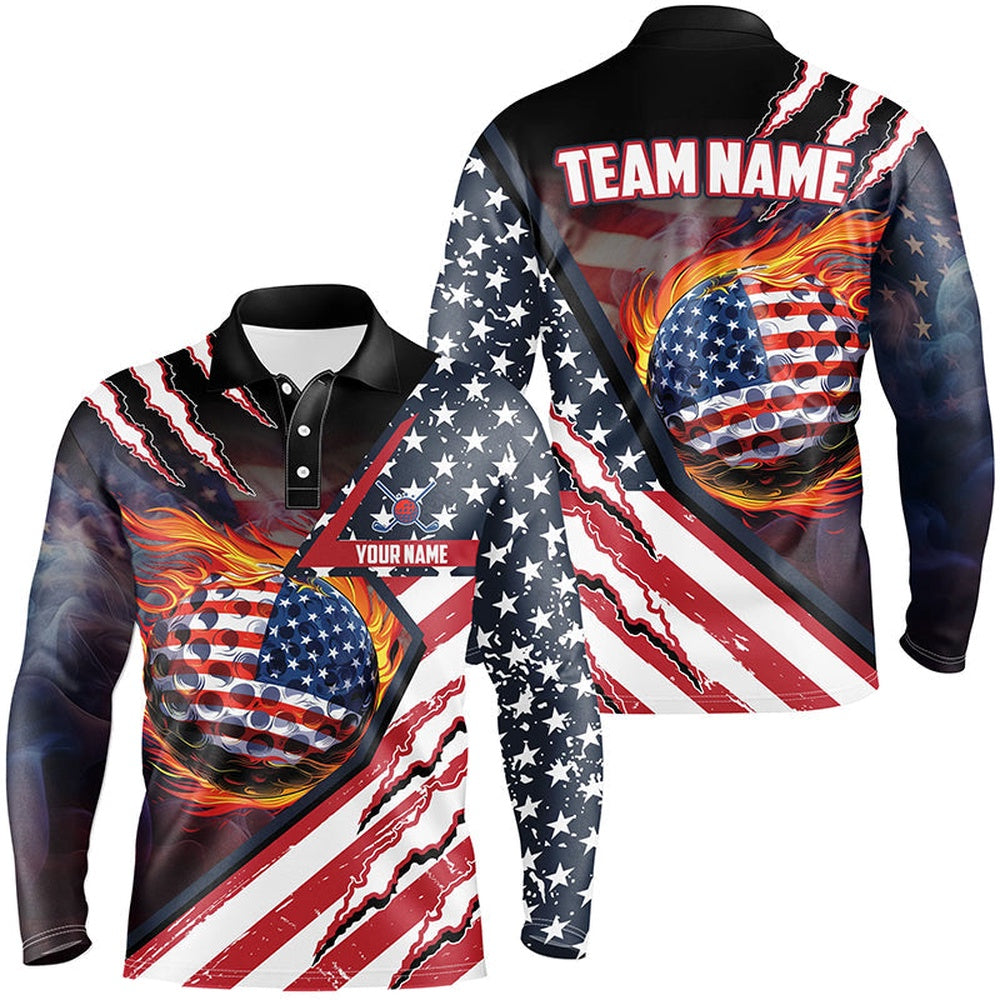 Golf Polo Shirts, American Flag Flame Golf Ball Mens Golf Polo Shirts Custom Golf Outfits For Men, Patriotic Golf Gifts, Custom Golf Shirts