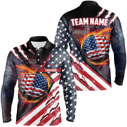 Golf Polo Shirts, American Flag Flame Golf Ball Mens Golf Polo Shirts Custom Golf Outfits For Men, Patriotic Golf Gifts, Custom Golf Shirts