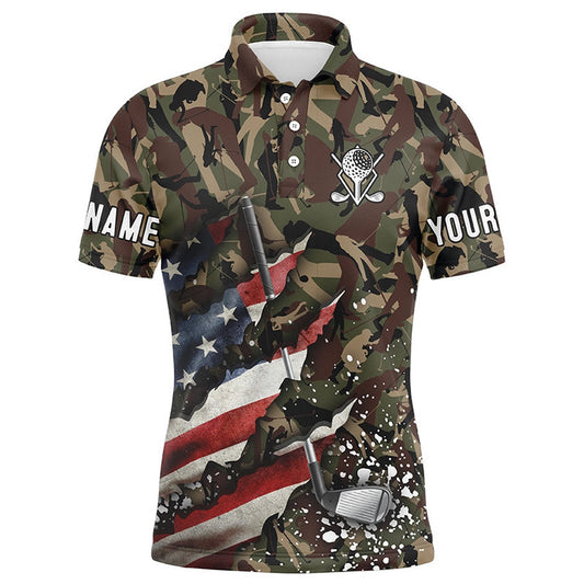 Golf Polo Shirts, American Flag Golf Clubs Camo Mens Golf Polo Shirts Custom Patriotic Golf Apparel For Men, Custom Golf Shirts