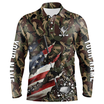 Golf Polo Shirts, American Flag Golf Clubs Camo Mens Golf Polo Shirts Custom Patriotic Golf Apparel For Men, Custom Golf Shirts