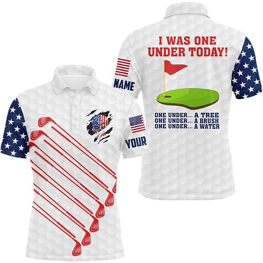 Golf Polo Shirts, American Flag Golf Clubs Custom Mens Golf Polo Shirt I Was One Under Today One Under A Tree Bush Water, Custom Golf Shirts