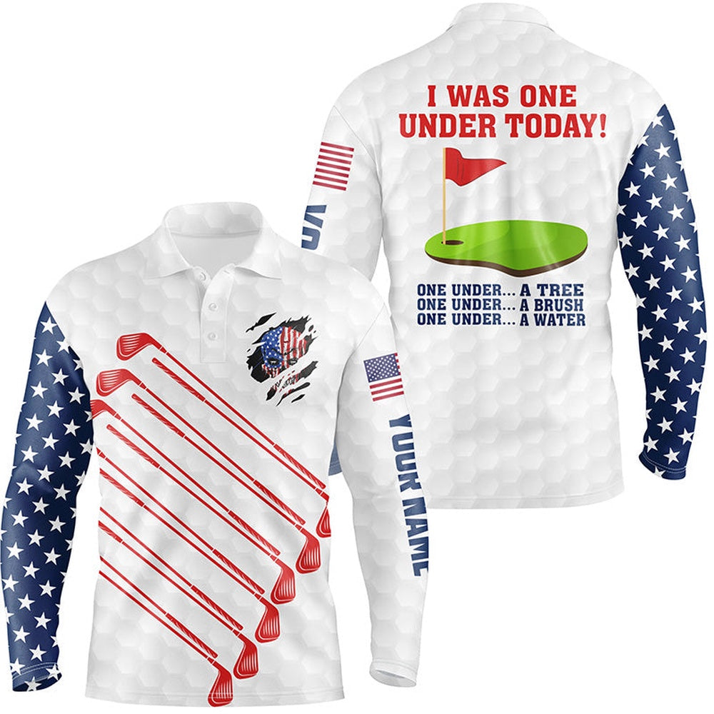 Golf Polo Shirts, American Flag Golf Clubs Custom Mens Golf Polo Shirt I Was One Under Today One Under A Tree Bush Water, Custom Golf Shirts