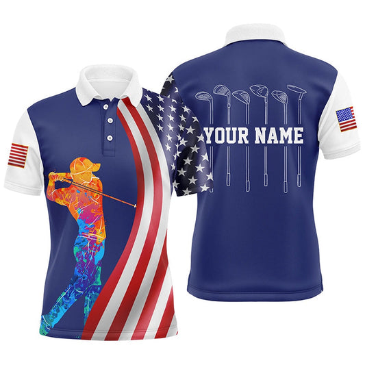 Golf Polo Shirts, American Flag Golf Clubs Mens Golf Polo Shirt Custom Watercolor Golf Clothes For Men, Custom Golf Shirts