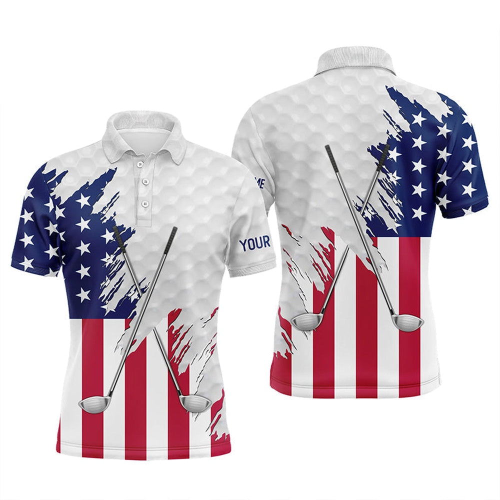 Golf Polo Shirts, American Flag Golf Clubs Patriotic Custom Name White Mens Golf Polo Shirts, Team Mens Golf Tops, Custom Golf Shirts