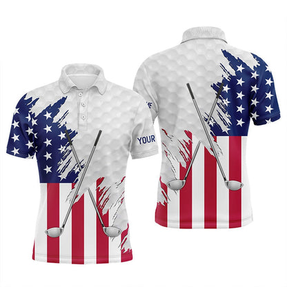 Golf Polo Shirts, American Flag Golf Clubs Patriotic Custom Name White Mens Golf Polo Shirts, Team Mens Golf Tops, Custom Golf Shirts