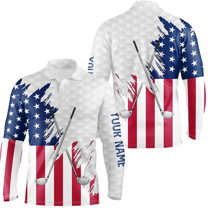 Golf Polo Shirts, American Flag Golf Clubs Patriotic Custom Name White Mens Golf Polo Shirts, Team Mens Golf Tops, Custom Golf Shirts